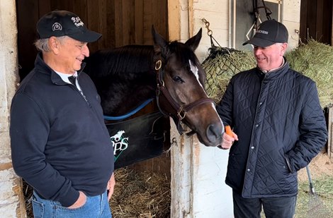 Co-owner James Rashid (left) and co-owner/trainer Richard Sillaman (right) with Claiming Crown contender Freedom Road at Churchill Downs