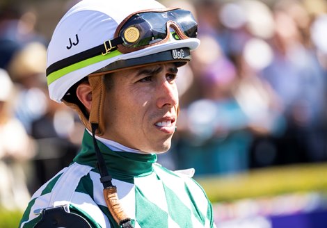 Irad Ortiz Jr. before the Turf Sprint (G1T) at Del Mar Racetrack in Del Mar, CA on November 2, 2024.