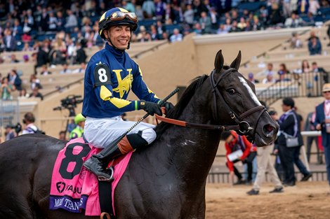 Jose Ortiz and More Than Looks win the Breeders' Cup Mile at Del Mar Racetrack in Del Mar, CA on November 2, 2024.