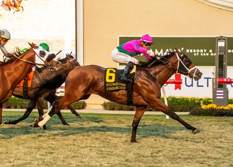 Mr. & Mrs. W.K. Warren, Jr.’s Formidable Man and jockey Umberto Rispoli, right,  win the Grade I $300,000  Hollywood Derby  Saturday November 30, 2024 at Del Mar Thoroughbred Club, Del Mar, CA. Benoit Photo