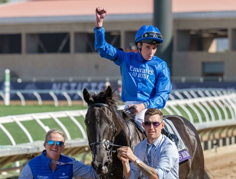 Rebel's Romance with William Buick wins the Turf (G1T) at Del Mar Racetrack in Del Mar, CA on November 2, 2024. William Buick celebrates after winning.