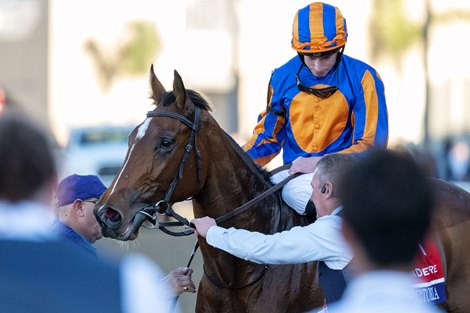 Lake Victoria with Ryan Moore wins the Juvenile Fillies Turf (G1T) at Del Mar Racetrack in Del Mar, CA on November 1, 2024.