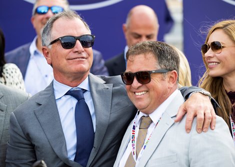 (L-R): Donato Lanni and Kevin Attard in the winner’s circle after Moira with Flavien Prat win the Filly & Mare Turf (G1T) at Del Mar Racetrack in Del Mar, CA on November 2, 2024.