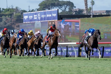 Rebel's Romance with William Buick wins the Turf (G1T) at Del Mar Racetrack in Del Mar, CA on November 2, 2024.