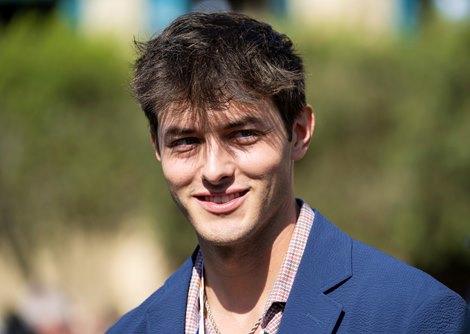 Griffin Johnson in the paddock before the Filly & Mare Sprint (G1) at Del Mar Racetrack in Del Mar, CA on November 2, 2024.