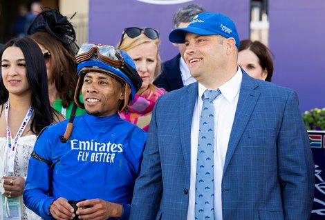 (LR): Manuel Franco and Brad H. Cox in the winner's circle after Immersive won the Juvenile Fillies (G1) at Del Mar Racetrack in Del Mar, California on November 1, 2024.