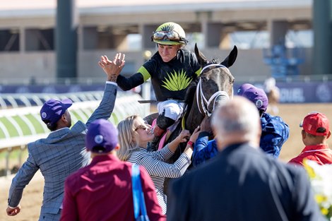 Soul Of An Angel with Drayden Van Dyke wins the Filly &amp; Mare Sprint (G1) at Del Mar Racetrack in Del Mar, CA on November 2, 2024. Drayden Van Dyke celebrates after winning with connections.