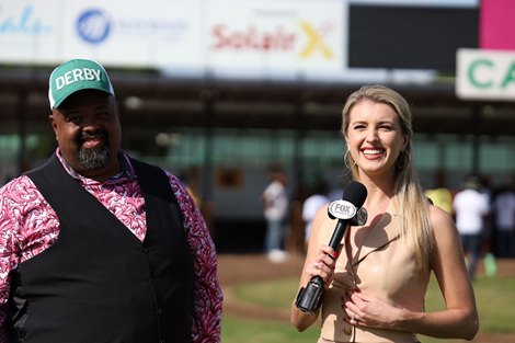 Caymanas Park CEO Solomon Sharpe is interviewed by Fox Sports&#39; Acacia Clement on Mouttet Mile Day 2024