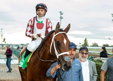 Jockey Umberto Rispoli guides Journalism to the winner's circle after their victory in the Grade II, $200,000 Los Alamitos Futurity, Saturday, December 14, 2024 at Los Alamitos Race Course, Cypress CA.<br>
© BENOIT PHOTO