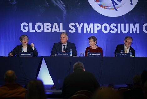 2024 Global Symposium on Racing<br>
HIWU Testing Strategy<br>
(L-R): Horseracing Integrity and Welfare Unit representatives Kate Mittelstadt, Shaun Richards, Dr. Mary Scollay, moderator Dr. Jeff Blea