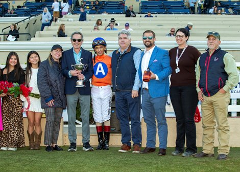 Sacred Wish and jockey John Velazquez, right, outleg Gina Romantica (Jose Ortiz), outside, and Ag Bullet (Umberto Rispoli), left, to win the Grade I $300,000 Matriarch Stakes Sunday, December 1, 2024 at Del Mar Thoroughbred Club, Del Mar, CA.<br>
Benoit Photo