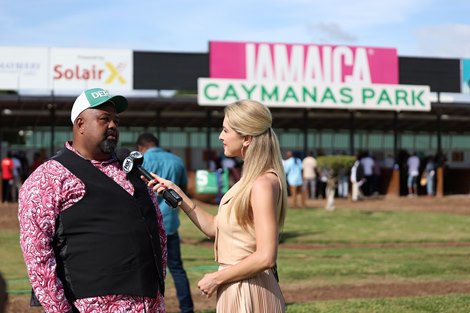 Caymanas Park CEO Solomon Sharpe being interviewed by Fox Sports' Acacia Clement on Mouttet Mile day 2024
