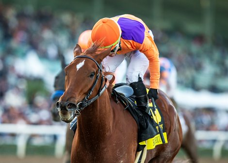 Spendthrift Farm's Kopion and jockey Kazushi Kimura win the Grade I $300,000 La Brea Stakes Thursday, December 26, 2024 at Santa Anita Park, Arcadia, CA. Benoit Photo