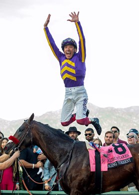 Raging Torrent and jockey Lanfranco Dettori win the Grade I $300,000 Malibu Stakes Thursday, December 26, 2024 at Santa Anita Park, Arcadia, CA.<br>
Benoit Photo