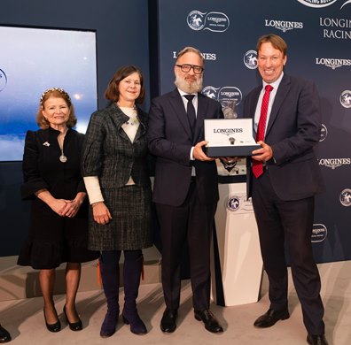 (L to R) Anthea Leigh, Bridget Guerin, Bernardo Tribolet, William Derby Longines 2024 World's Best Racehorse and Horse Race Ceremony