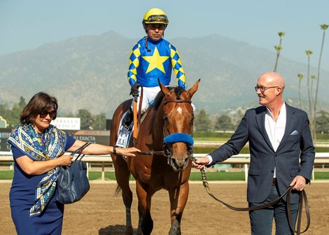 Barbara Banke, left, and Tom Ryan, right, lead Citizen Bull and jockey Martin Garcia into the winner's circle after their victory in the G3, $200,000 Robert B. Lewis Stakes, Saturday, February 1, 2025 at Santa Anita Park, Arcadica CA.<br>
© BENOIT PHOTO