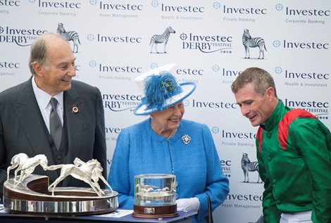 The Aga Khan , The Queen and Pat Smullen after  the Derby Epsom 4.6.16 Pic: Edward Whitaker