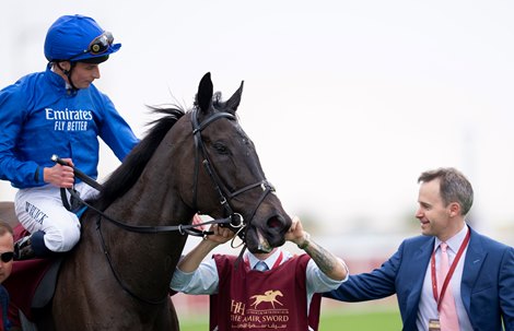 Rebel&#39;s Romance (William Buick) and Alex Merriam after the Amir Trophy at Al Uqda racecourse in Qatar <br>
16.2.25 Pic: Edward Whitaker