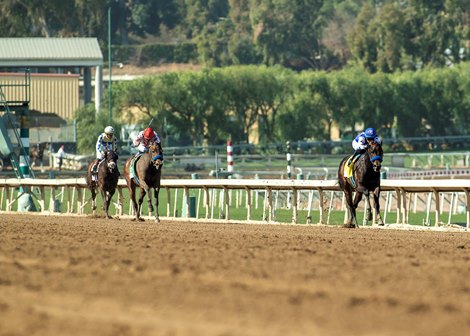 Tenma and jockey Juan Hernandez, right, win the Grade III, $100,000 Fasig Tipton Las Virgenes Stakes, Sunday, February 2, 2025 at Santa Anita Park, Arcadia CA. © BENOIT PHOTO