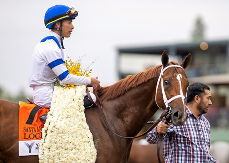 Locked and jockey Jose Ortiz win the Grade I, $300,000 Santa Anita Handicap, Saturday, March 1, 2025 at Santa Anita Park, Arcadia CA. &#169; BENOIT PHOTO