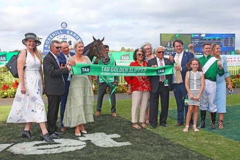 Marhoona wins the 2025 Golden Slipper at Rosehill Gardens Racecourse<br>
ridden by Damien Lane and trained by Michael Freedman