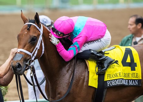 Formidable Man and jockey Umberto Rispoli, right, win the Grade I $300,000 Frank E. Kilroe Mile Saturday, March 1, 2025 at Santa Anita Park, Arcadia, CA. Benoit Photo