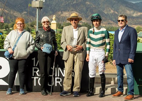 Michael Lund Petersen’s Maysam and jockey Juan Hernandez, inside, outleg Supa Speed (Flavien Prat), outside, to win the Grade III $100,000 Fasig-Tipton Santa Ysabel Stakes Sunday, March 2, 2025 at Santa Anita Park, Arcadia, CA. Benoit Photo