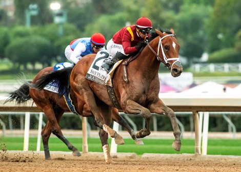 The Michael McCarthy-trained Journalism and jockey Umberto Rispoli win the Grade II $300,000 DK Horse San Felipe Stakes Saturday, March 1, 2025 at Santa Anita Park, Arcadia, CA.<br>
Benoit Photo