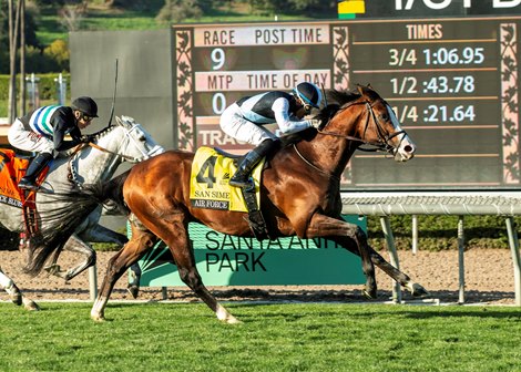 Air Force Red and jockey Armando Ayuso, right, outleg Lovesick Blues (Geovanni Franco), left, to win the Grade III, $100,000 San Simeon Stakes, Saturday, March 8, 2025 at Santa Anita Park, Arcadia CA.<br>
© BENOIT PHOTO