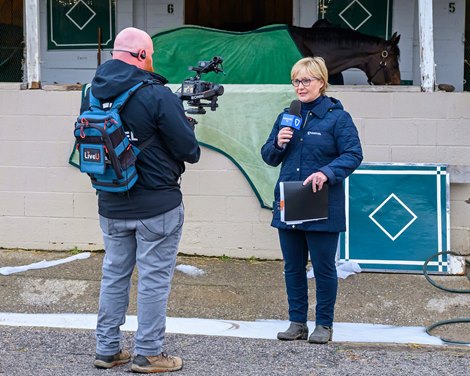 FanDuel commentator Caton Bredar working Derby week at Churchill Downs in front of the Bill Mott barn, where Sovereignty resides. <br>
Training and feature shoots at Churchill Downs on April 26, 2025.