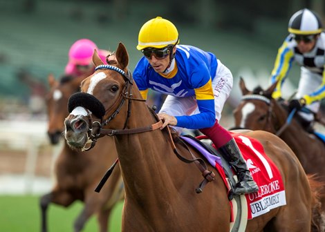 Public Assembly and jockey Antonio Fresu win the Grade III, $100,000 Royal Heroine Stakes, Saturday, April 26, 2025 at Santa Anita Park, Arcadia CA.<br>
© BENOIT PHOTO