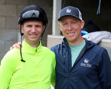 Jockey Jareth Loveberry and Trainer Ethan West at Churchill Downs on April 30, 2025. Photo By: Chad B. Harmon