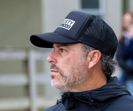 Aaron Wellman watches as Journalism goes to the track for exercise before Saturday’s 151st running of the Kentucky Derby at Churchill Downs Wednesday April. 30, 2025 in Louisville, Kentucky   Photo by Skip Dickstein