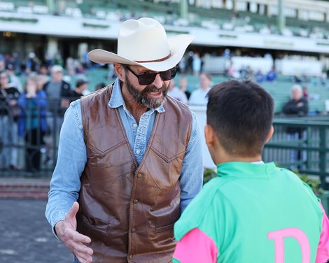 John Dunn talks with Paco Lopez after Kentucky Outlaw won the $100,000 Long Branch Stakes at Monmouth Park Racetrack in Oceanport, NJ on Saturday May 10, 2025. Photo By Bill Denver/EQUI-PHOTO