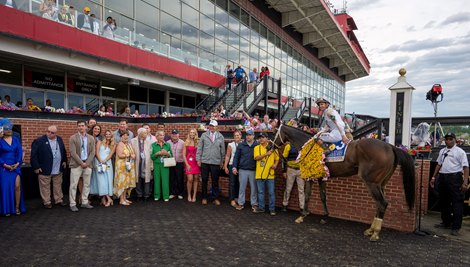 Margie’s Intention with jockey Flavian Pratt aboard in the winner’s circle after winning the101st running of The George E. Mitchell Black-Eyed Susan Stakes GII at Pimlico Race Track Friday  May 16, 2025 in Baltimore, MD..   Photo by Skip Dickstein