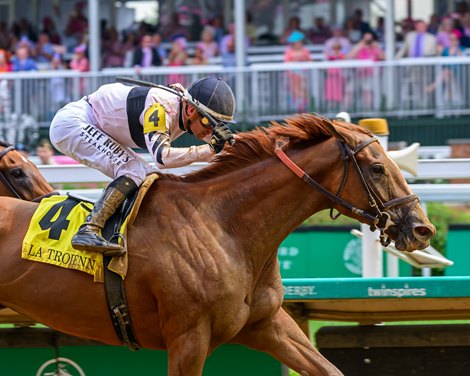 Raging Sea with Flavian Prat wins the Fasig-Tipton La Troienne (G1) at Churchill Downs on May 2, 2025.