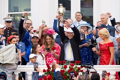 Michael Banahan and winning connections in the winner’s circle after Sovereignty with Junior Alvarado win the Kentucky Derby (G1) at Churchill Downs in Louisville, KY on May 3, 2025.