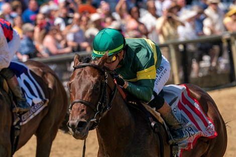 Retribution and Irad Ortiz Win Race 8, Chick Lang Stakes, Pimlico Racecourse, Baltimore, MD <br>
May 17, 2025, Mathea Kelley/Bloodhorse