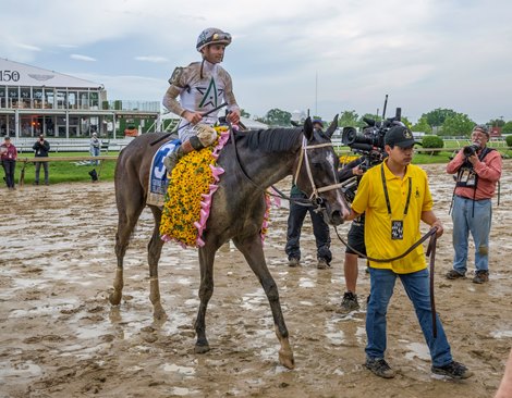 Margie’s Intention with jockey Flavian Pratt aboard hers to the winner’s circle after winning the101st running of The George E. Mitchell Black-Eyed Susan Stakes GII at Pimlico Race Track Friday  May 16, 2025 in Baltimore, MD..   Photo by Skip Dickstein