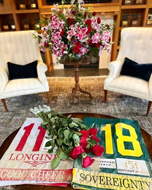 The saddle towels of 2025 Kentucky Oaks winner Good Cheer and Kentucky Derby winner Sovereignty are displayed at Godolphin's Jonabell Farm near Lexington