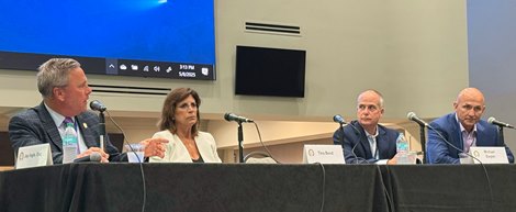 (L-R) TOBA president Dan Metzger, THA president Tina Bond, Churchill Downs senior vice president and general manager Mike Ziegler, and West Point Thoroughbreds president Terry Finley at the ARCI’s Thoroughbred Racing Roundtable panel (L-R) TOBA president Dan Metzger, THA president Tina Bond, Churchill Downs senior vice president and general manager Mike Ziegler, and West Point Thoroughbreds president Terry Finley at the ARCI’s Thoroughbred Racing Roundtable panel