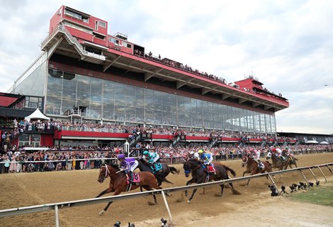 Thoroughbreds run by the Pimlico Grandstand for the last time in the Preakness Stakes.  Journalism #2 with Umberto Rispoli riding won the 150th Preakness Stakes at Pimlico on Saturday May 17, 2025.  Photo By Bill Denver/MJC