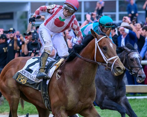 Journalism with Umberto Rispoli wins the Preakness Stakes (G1) at Pimlico Race Course in Baltimore, Md., on May 17, 2025. Trained by Michael McCarthy and owned by Eclipse Thoroughbred Partners, Bridlewood Farm, Don Alberto Stable, LaPenta, Robert V., Elayne Stables 5, Magnier, Mrs. John, Tabor, Michael B. and Smith, Derrick