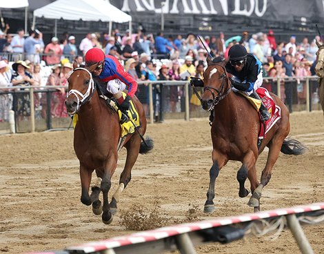 Awesome Aaron #4 with John Velazquez riding defeated #1 Phileas Fogg and Kendrick Carmouche to win the Pimlico Special on Black Eyed Susan Day at Pimlico on Friday May 16, 2025.  Photo By Bill Denver/MJC
