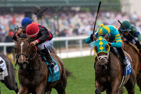 Simply in Front and Luis Saez win Race 5, Longines Churchill Distaff Turf Mile, Churchill Downs, Louisville, KY, May 3, 2025, Mathea Kelley-Bloodhorse