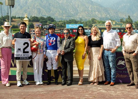 Baoma Corp.’s Nysos and jockey Juan Hernandez win the Grade III $100,000 Triple Bend Stakes Saturday, May 31, 2025 at Santa Anita Park, Arcadia, CA.  <br>
Benoit Photo.