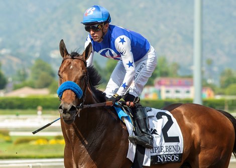 Baoma Corp.’s Nysos and jockey Juan Hernandez win the Grade III $100,000 Triple Bend Stakes Saturday, May 31, 2025 at Santa Anita Park, Arcadia, CA.  <br>
Benoit Photo.
