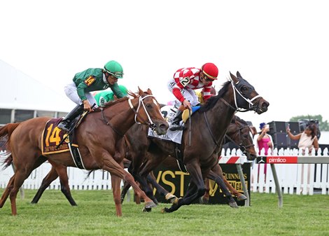 Bosserati #2  with Irad Ortiz, Jr. riding won the Very One Stakes on Black Eyed Susan Day at Pimlico on Friday May 16, 2025.  Photo By Bill Denver/MJC