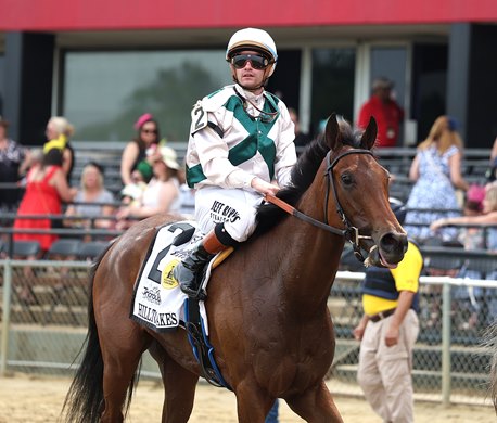 Play With Fire #2 with Flavien Prat riding won the Hilltop Stakes on Black Eyed Susan Day at Pimlico on Friday May 16, 2025.  Photo By Bill Denver/MJC