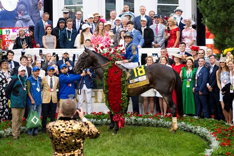 Winning connections in the winner’s circle after Sovereignty with Junior Alvarado win the Kentucky Derby (G1) at Churchill Downs in Louisville, KY on May 3, 2025.